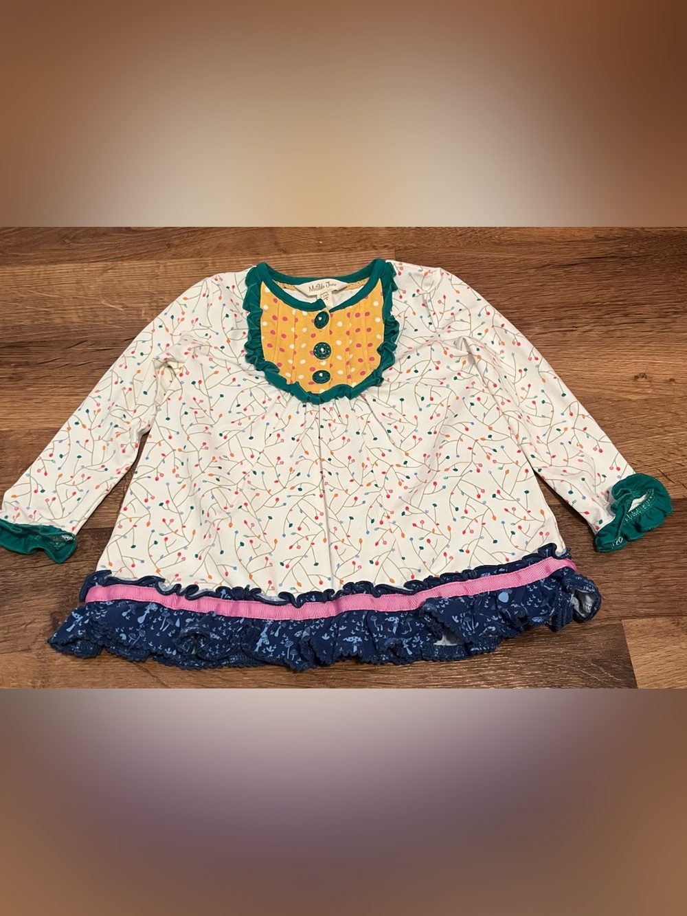Matilda Jane Cream Floral Top with Yellow Polka-Dot Bib and Teal Trim